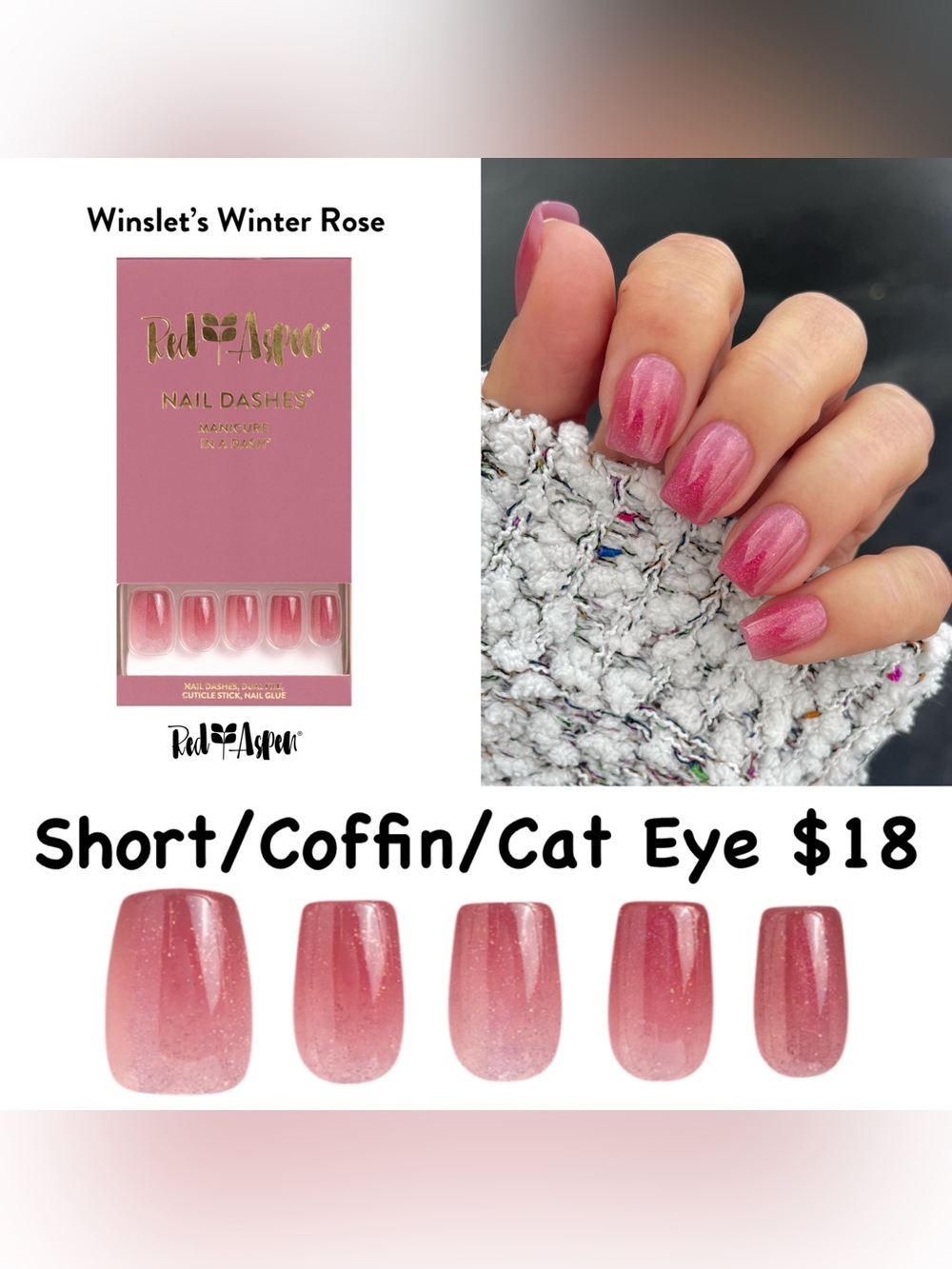 Red Aspen Winslet’s Winter Rose Short Coffin Press-On Nails - Pink Cat Eye